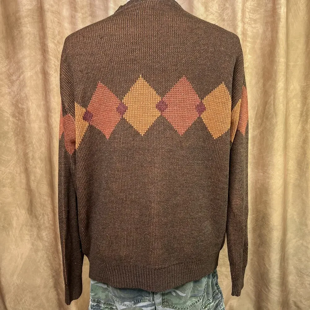 Vintage 90s Argyle Sweater Diamond Knit Brown Academia Cabincore Lodge Preppy